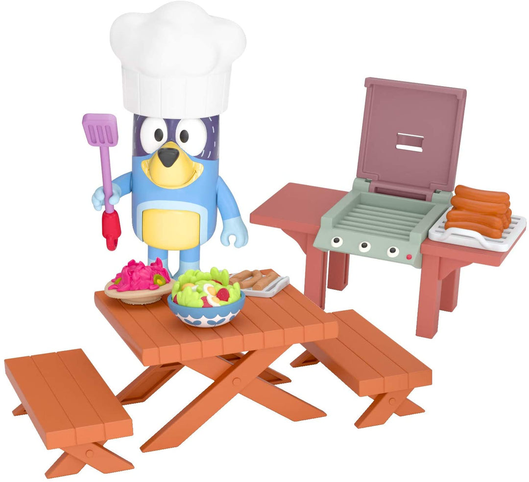 Bluey Dad Bandit's Backyard BBQ-Spielset, offizielles 2,5-Zoll-Bandit-Actionfiguren-Minispielset zum Sammeln, einschließlich 2 Bänken, 1 Picknicktisch, einem Grill und 3 Spielzeug-Essensstücken