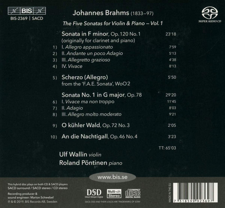 Brahms: The Five Sonatas [Ulf Wallin; Roland Pöntinen] [Bis: BIS2369] [Audio CD]