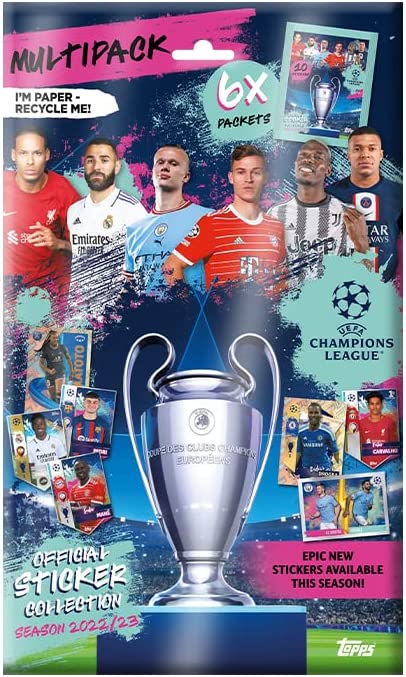 Topps UEFA Champions League 22/23 Fußball-Aufkleber – Multipack (60 Aufkleber, 6).
