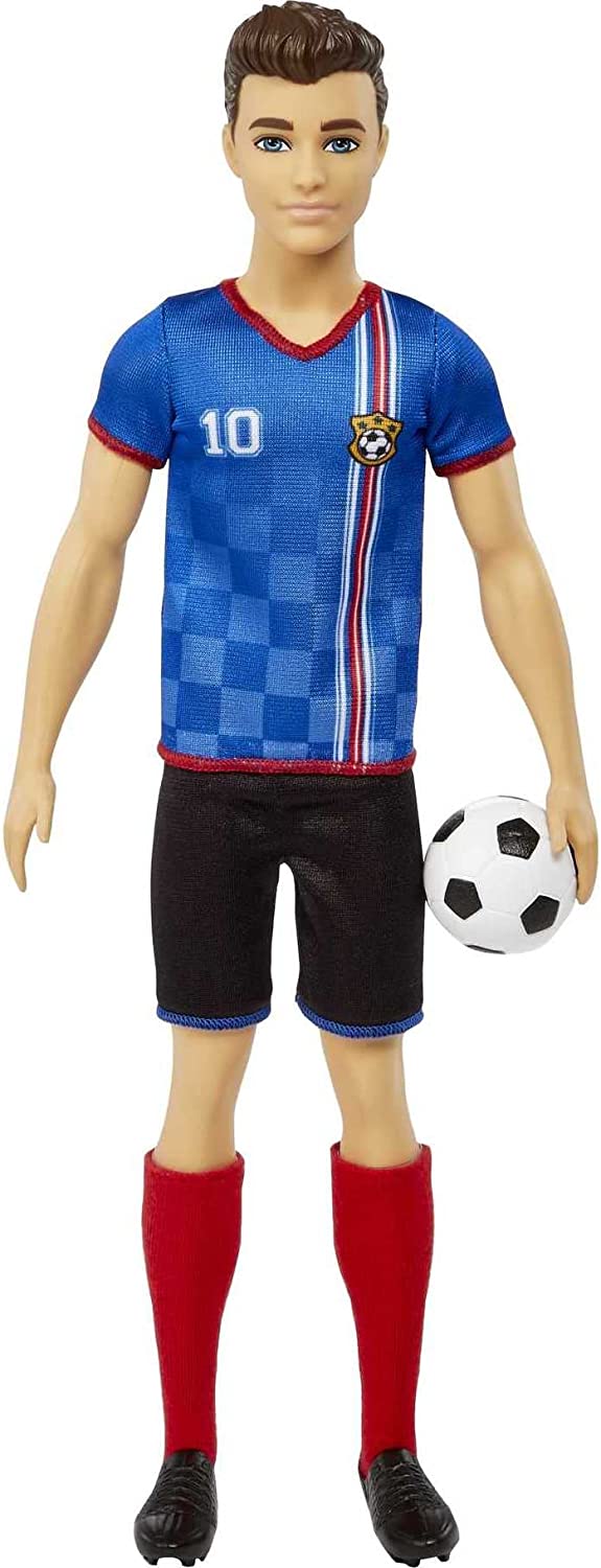 Ken-Fußballpuppe, kurz geschnittenes Haar, bunte #10-Uniform, Fußball, Stollen, hohe Socken