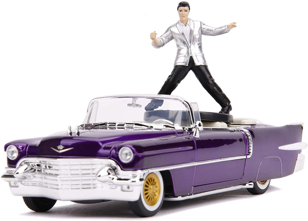 Jada Toys 253255011 1956 Presley Cadillac Eldorado Druckguss-Spielzeugauto, Türen, Kofferraum und Motorhaube offen, inklusive Elvis-Figur, Maßstab 1:24, Lila