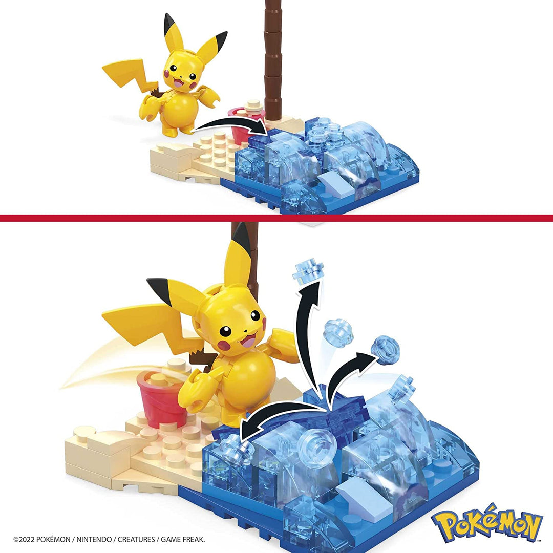MEGA Pokémon Pikachu’s Beach Splash building set with 79 compatible bricks and pieces connect with other worlds,