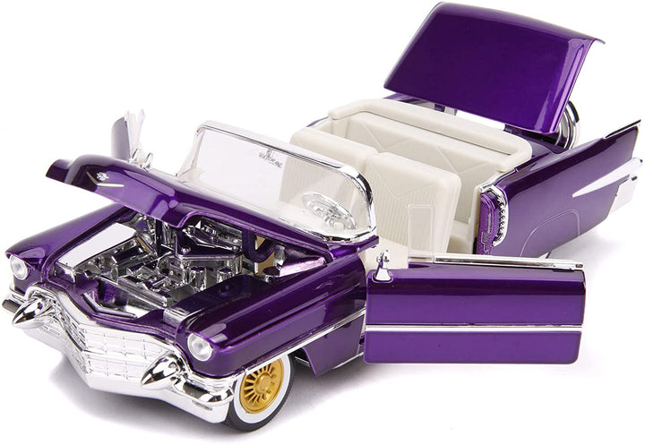 Jada Toys 253255011 1956 Presley Cadillac Eldorado Druckguss-Spielzeugauto, Türen, Kofferraum und Motorhaube offen, inklusive Elvis-Figur, Maßstab 1:24, Lila