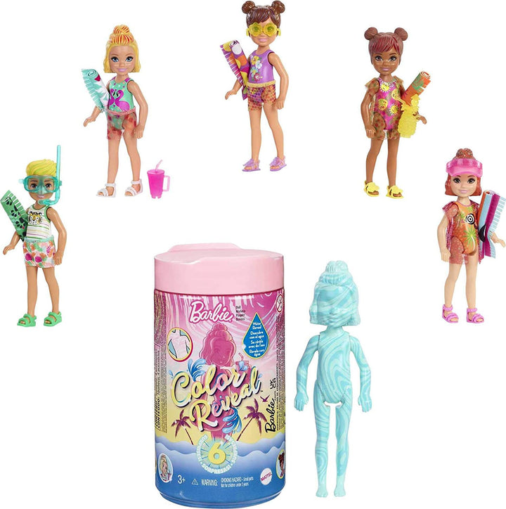 Barbie GTT25 Chelsea Color Reveal Doll with 6 Surprises: 4 Bags with Cover-Up, Shoes, Towel & Accessory, Multicolor, 15.88 cm*8.4 cm*8.4 cm