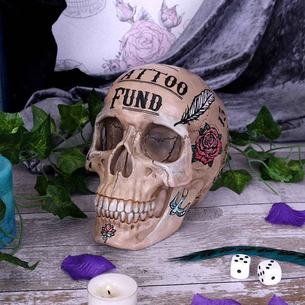 Nemesis Now Natural Bone Colored Traditional, Tribal Tattoo Fund Skull, Polyres
