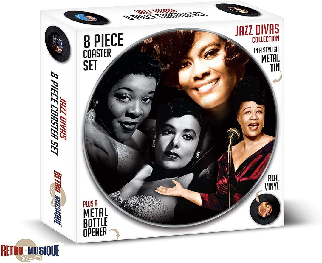 Jazz Divas - 8 Piece Mini Vinyl Record Coaster Set with Tin & Magnetic Bottle Opener by Retro Musique
