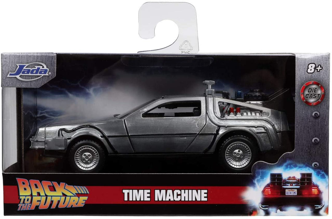 Jada Toys 253252017 Time Machine Zurück in die Zukunft 1, Druckgussauto mit aufklappbaren Türen, Maßstab 1:32, Metallic-Silber