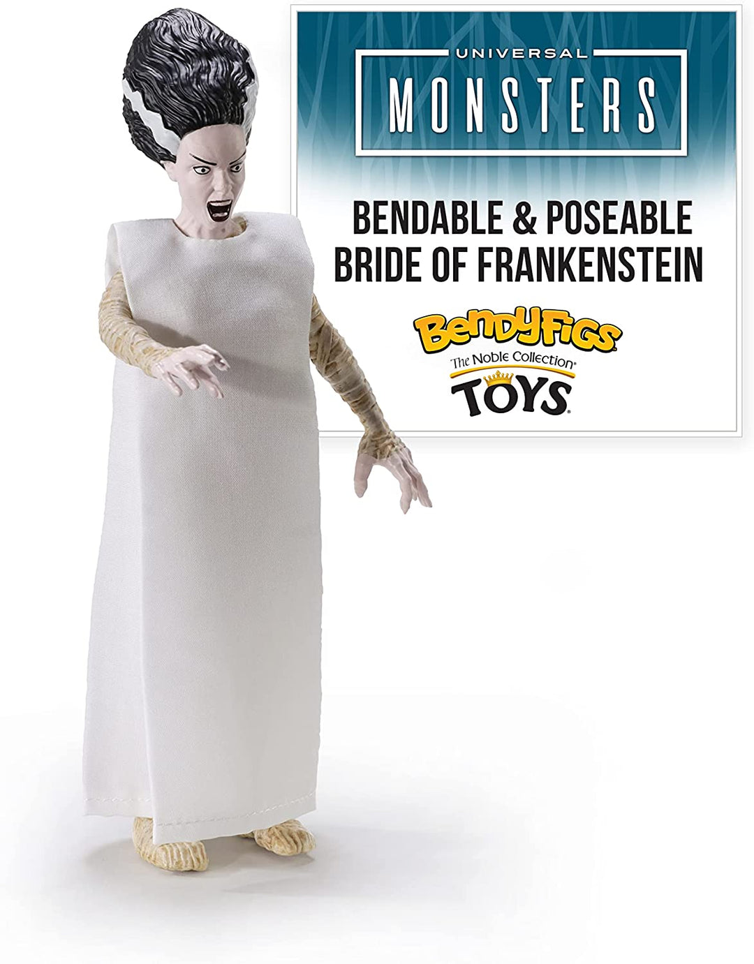 The Noble Collection Bendyfigs Bride Of Frankenstein, offiziell lizenzierte, 19 cm große, biegsame, bewegliche Puppenfiguren zum Sammeln mit Ständer – für Kinder und Erwachsene