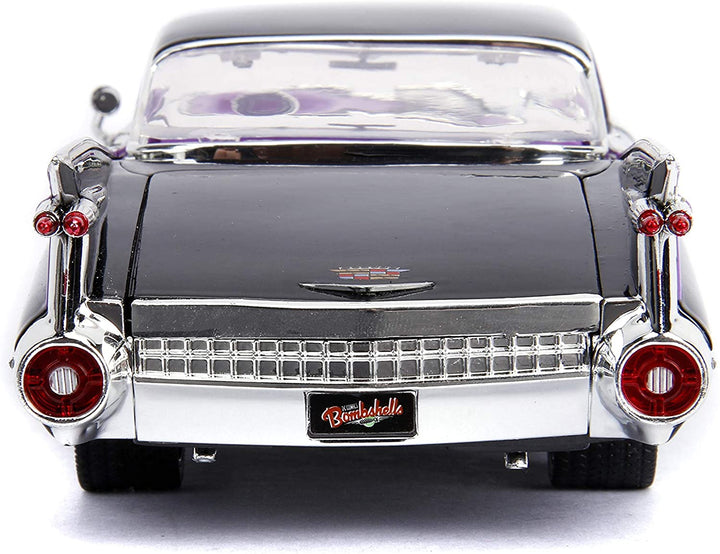Jada Toys 253255006 Super Heroes DC Comics Bombshells 1959 Cadillac Spielzeugauto, Druckgusstüren, Kofferraum- und Motorhaubenöffnung, Catwoman-Figur, Maßstab 1:24, Schwarz, Lila