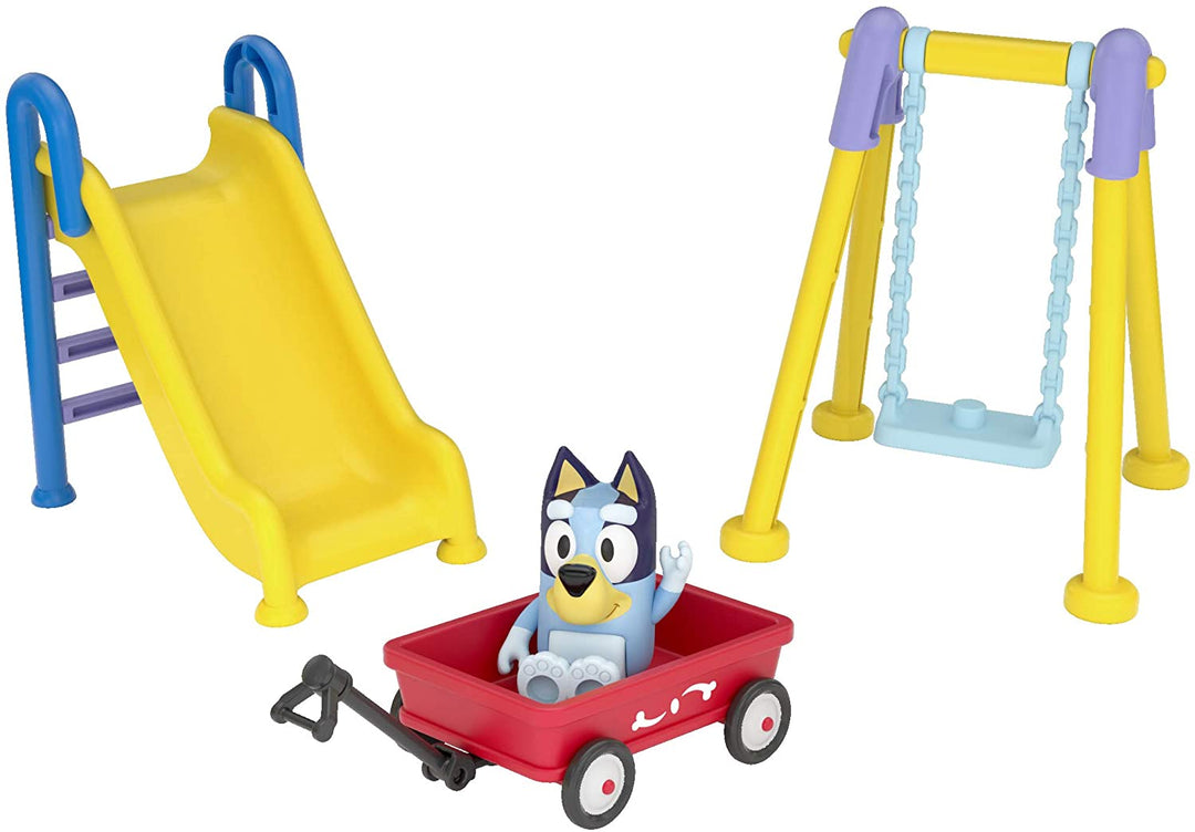 Bluey Park Play Set: Bluey Articulated 2.5 Inch Action Figure and Three Piece Park Playset with Swing, Slide and Ridable Wagon Official Collectable Toy