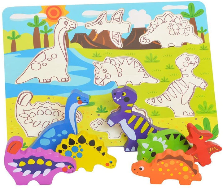 Tooky Toy TKC392 Wooden Dinosaur Puzzle Multi-Coloured Multicolored