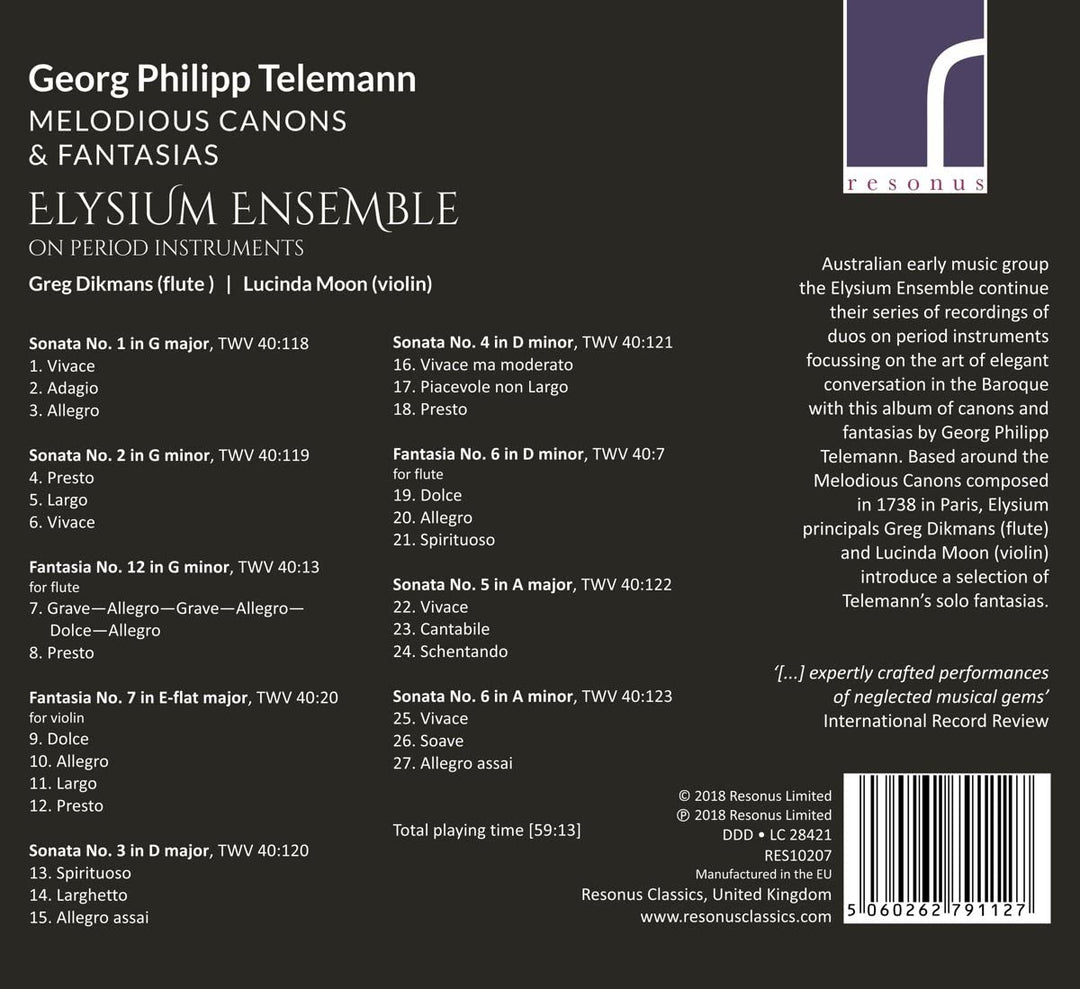 Telemann: Melodious Canons [Elysium Ensemble; Lucinda Moon; Greg Dikmans] [Resonus Classics: RES10207] [Audio CD]