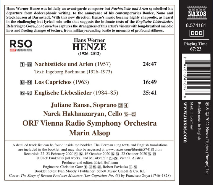 Henze: Nachtstücke und Arien [Juliane Banse; Narek Hakhnazaryan; ORF Wien Radi [Audio CD]