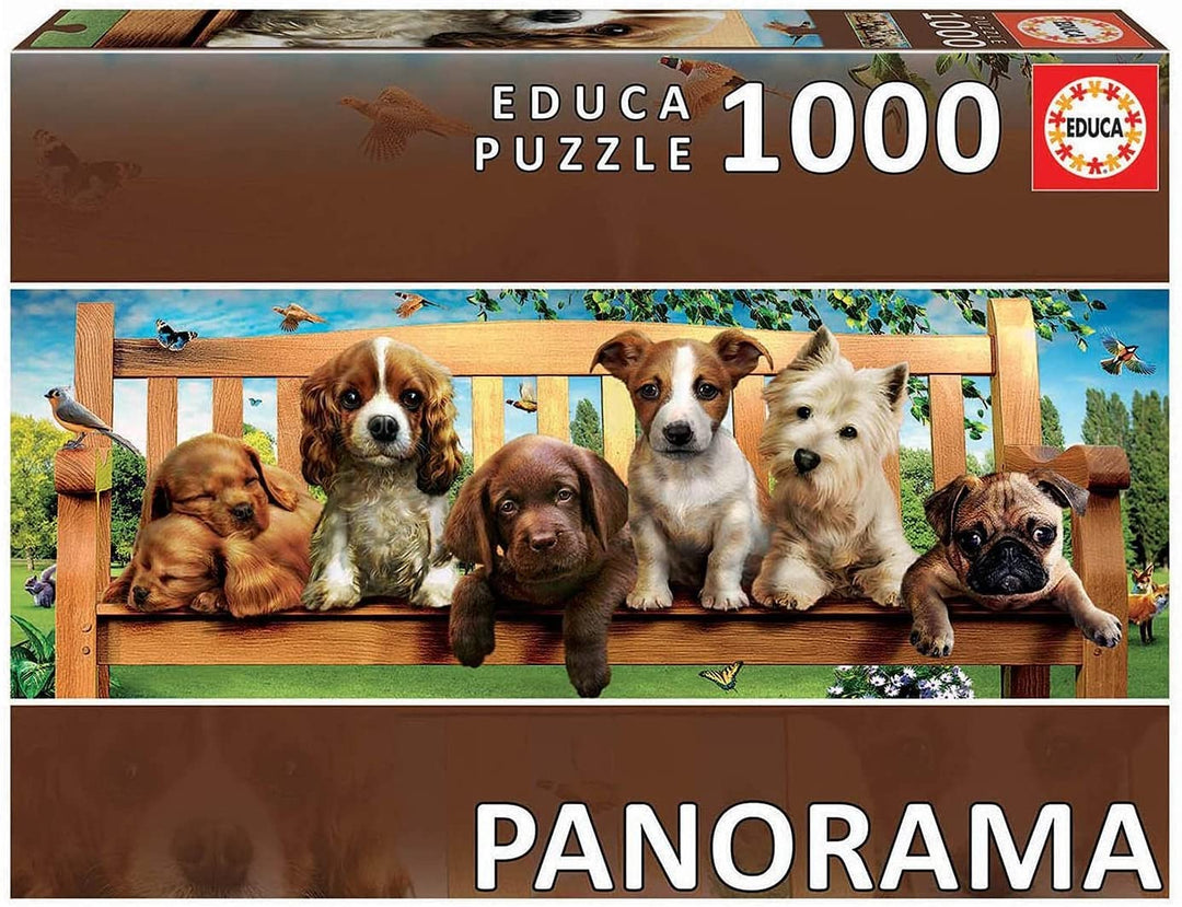 Educa Chiots sur le Banc panoramique pièces Panorama Series. Puppies on The Bench. 1000 Piece Panoramic Jigsaw Puzzle. Ref. 19038