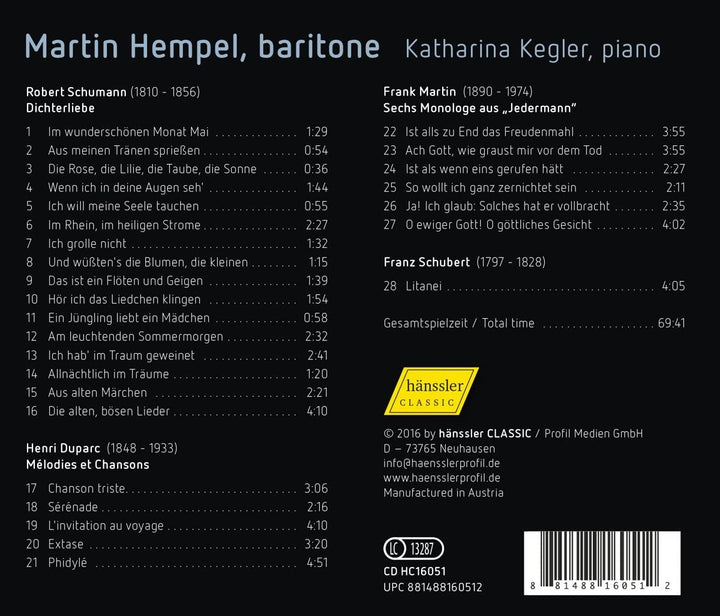 Schuman/Duparc/Martin [Martin Hempel; Katharina Kegler] [Hanssler Classic: HC16051] [Audio CD]