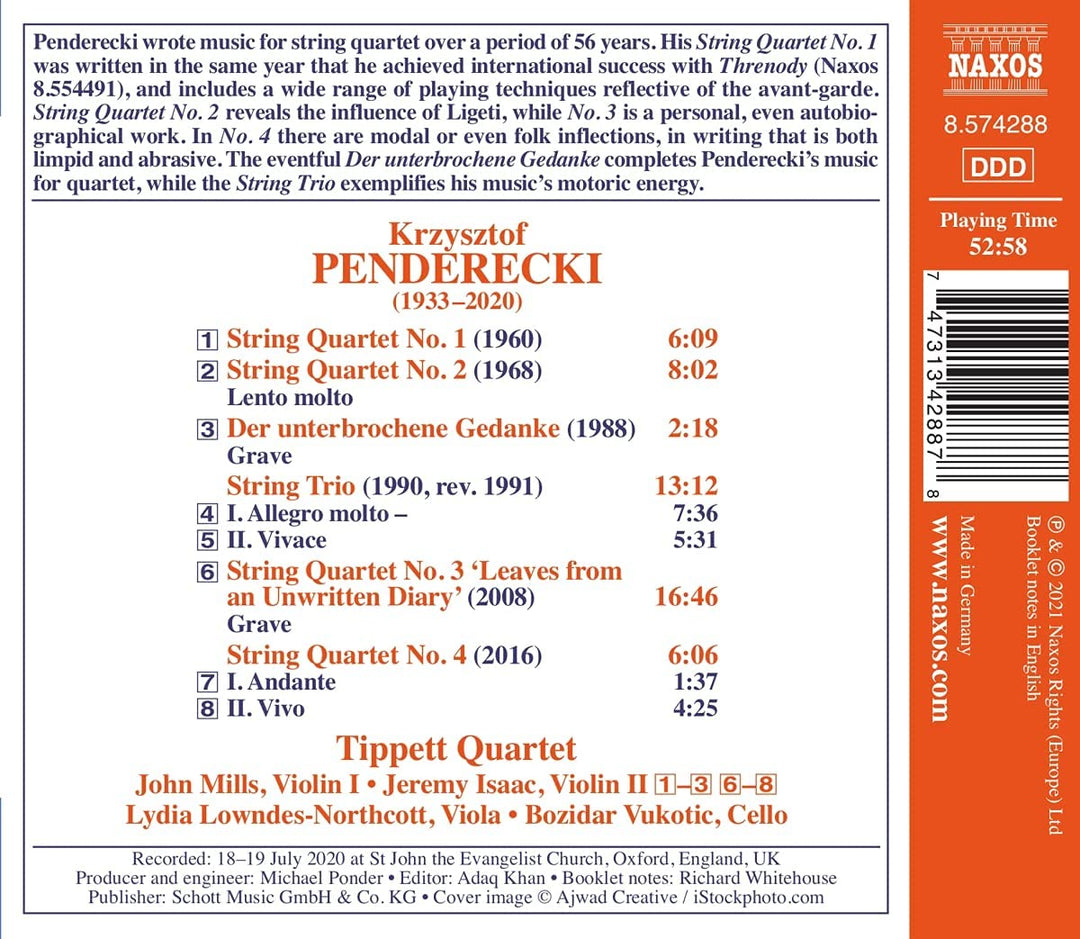 Penderecki: String Quartets [Tippett Quartet] [Naxos: 8574288] [Audio CD]