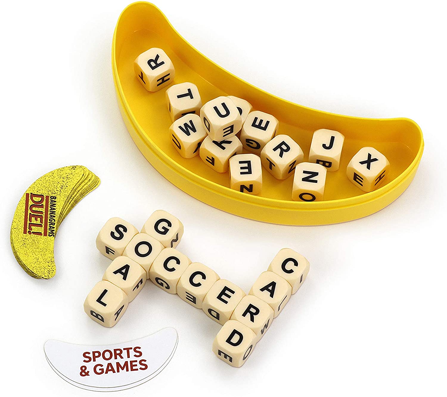 BANANAGRAMS Duell-Wortspiel für zwei Spieler mit 24 Buchstabenwürfeln und Herausforderungskarten zum Thema Bananen 3