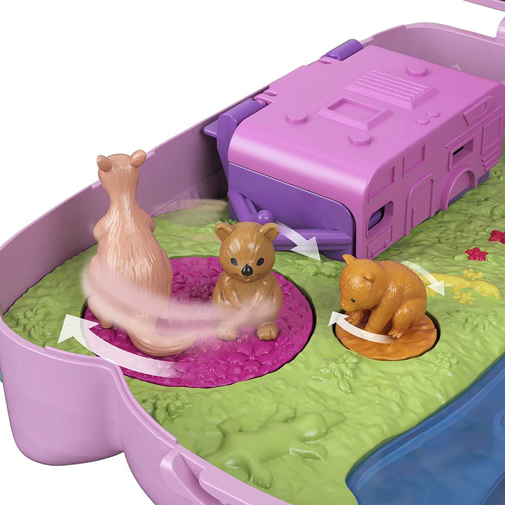 Polly Pocket Koala Adventures Tragbare Geldbörse, kompakt, mit Mikro-Polly-Puppe und Freund-Puppe, 8 Outdoor-Funktionen, 5 Tieren und abnehmbarem Fahrzeugzubehör, tolles Geschenk für Kinder ab 4 Jahren