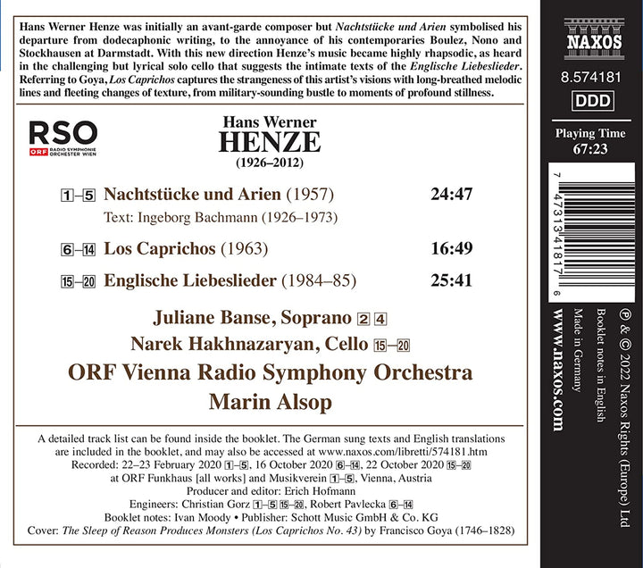 Henze: Nachtstücke und Arien [Juliane Banse; Narek Hakhnazaryan; ORF Wien Radi [Audio CD]