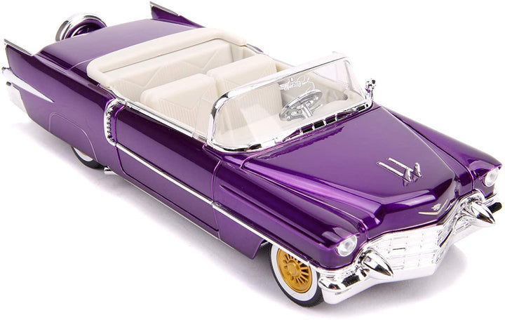 Jada Toys 253255011 1956 Presley Cadillac Eldorado Druckguss-Spielzeugauto, Türen, Kofferraum und Motorhaube offen, inklusive Elvis-Figur, Maßstab 1:24, Lila