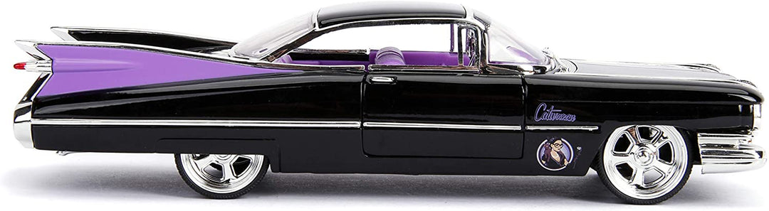 Jada Toys 253255006 Super Heroes DC Comics Bombshells 1959 Cadillac Spielzeugauto, Druckgusstüren, Kofferraum- und Motorhaubenöffnung, Catwoman-Figur, Maßstab 1:24, Schwarz, Lila