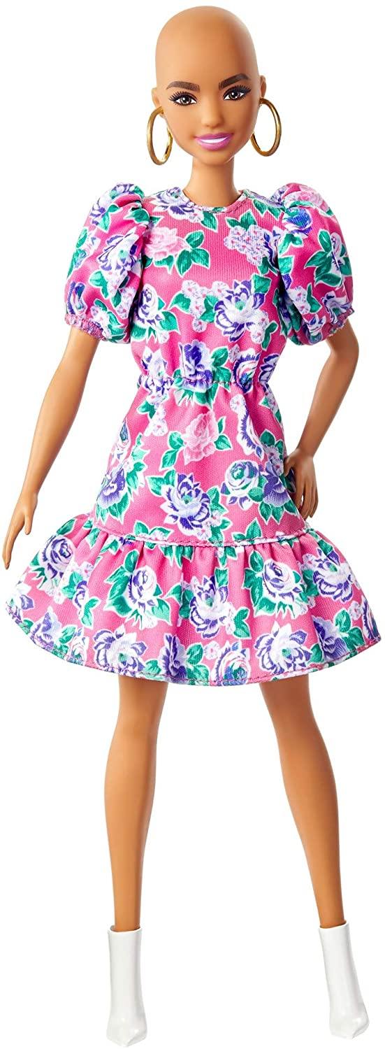 Barbie Fashionistas Doll 150 With No Hair Look Wearing Pink Floral Dress, White Booties & Earrings - Yachew