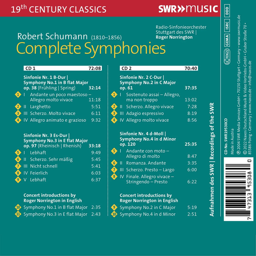Schumann: Complete Symphonies [Radio-Sinfonieorchester Stuttgart des SWR; Roger [Audio CD]