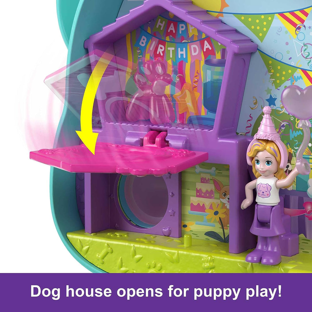?Polly Pocket Mini Toys, Doggy Birthday Bash Kompaktes Spielset mit 2 Mikropuppen