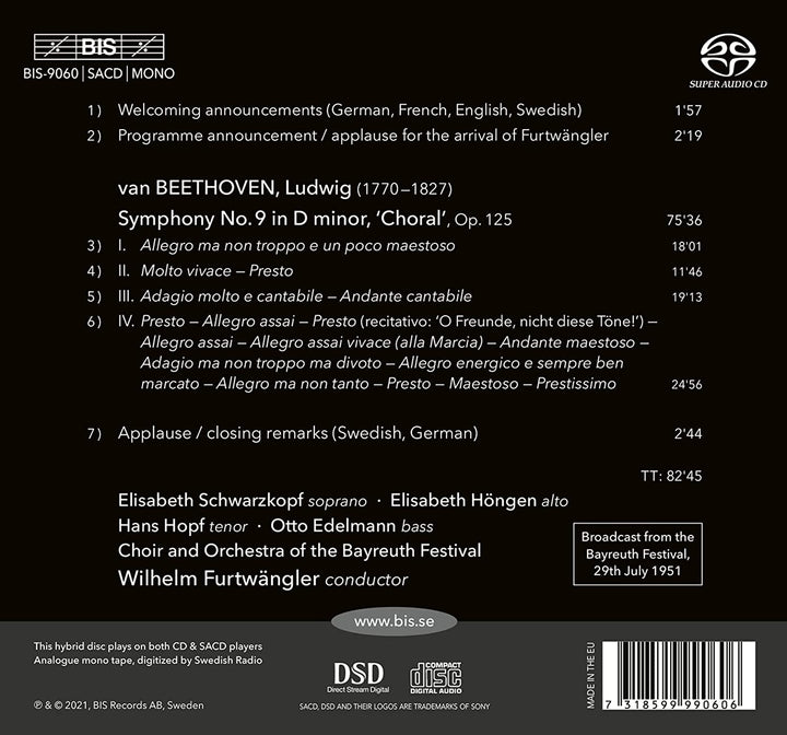 Chor Der Bayreuther Festspiele - Beethoven: Symphonie Nr. 9 [Elisabeth Schwarzkopf; Elisabeth Höngen; Hans Hopf; Otto Edelmann; Orchester der Bayreuther Festspiele; Wilhelm Furtwängler] [Bis: BIS9060] [Audio CD]