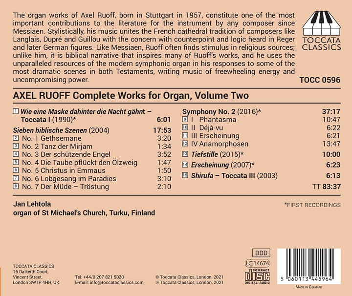 Jan Lehtola - Ruoff: Works For Organ Vol.2 [Jan Lehtola] [Toccata Classics: TOCC 0596] [Audio CD]