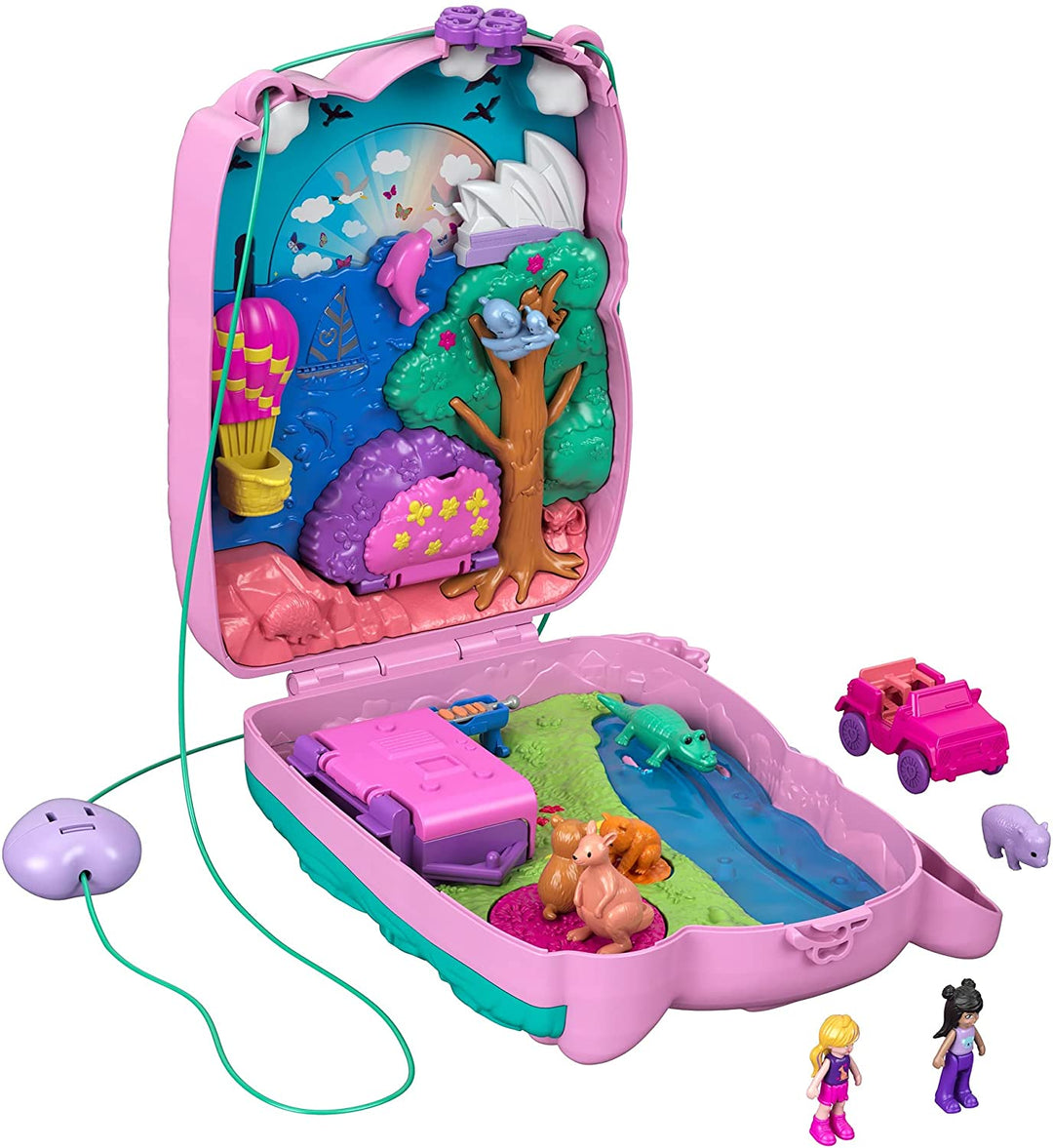 Polly Pocket Koala Adventures Tragbare Geldbörse, kompakt, mit Mikro-Polly-Puppe und Freund-Puppe, 8 Outdoor-Funktionen, 5 Tieren und abnehmbarem Fahrzeugzubehör, tolles Geschenk für Kinder ab 4 Jahren