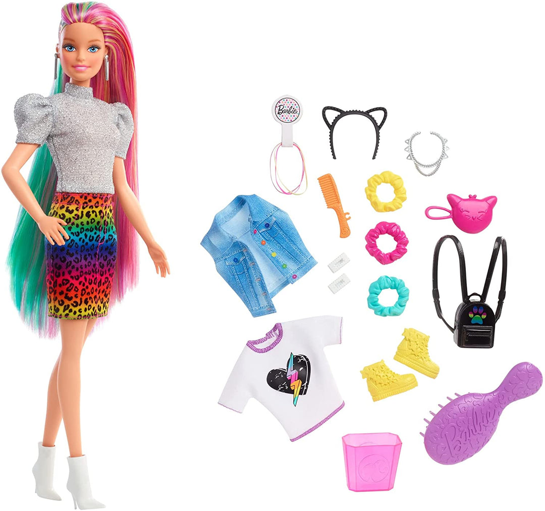 Barbie-Puppe mit Leoparden-Regenbogenhaar (blond) mit Farbwechsel-Haarfunktion, 16 Spielaccessoires für Haare und Mode, darunter Haargummis, Bürste, modische Oberteile, Katzenohren und Katzenhandtasche für Kinder von 3 bis 7 Jahren