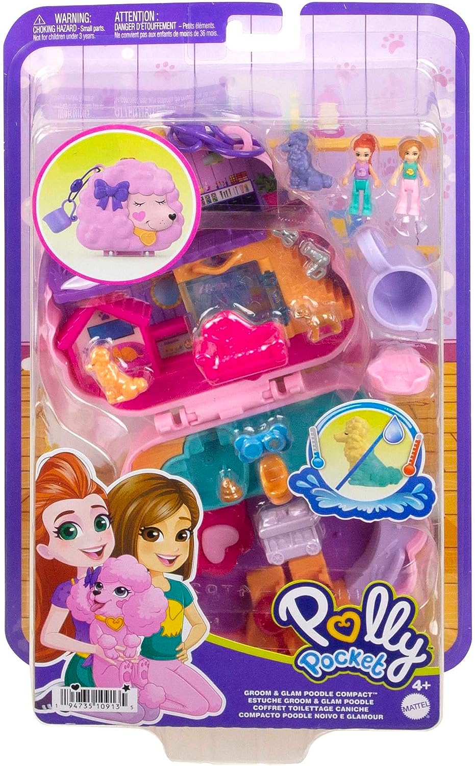 Polly Pocket-Puppen und Spielset, Tierspielzeug, kompaktes Spielset „Bräutigam &amp; Glam-Pudel“.