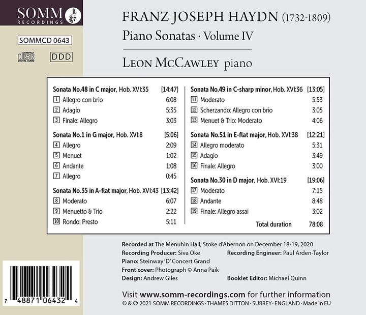 Haydn: Sonatas, Vol. 4 [Leon McCawley] [Somm Recordings: SOMMCD 0643] [Audio CD]