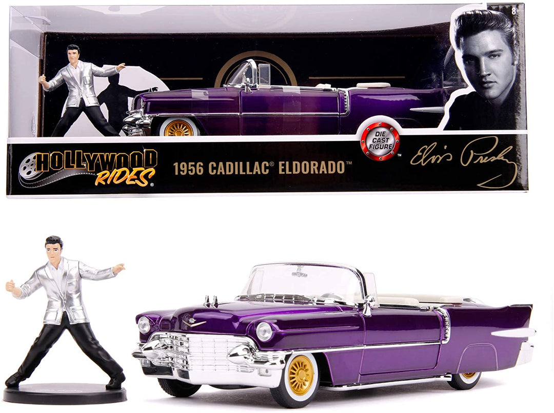 Jada Toys 253255011 1956 Presley Cadillac Eldorado Druckguss-Spielzeugauto, Türen, Kofferraum und Motorhaube offen, inklusive Elvis-Figur, Maßstab 1:24, Lila