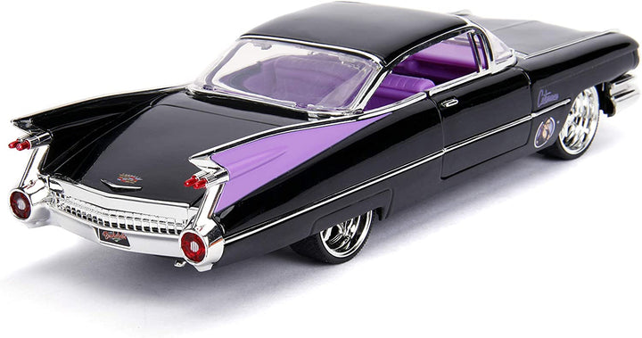 Jada Toys 253255006 Super Heroes DC Comics Bombshells 1959 Cadillac Spielzeugauto, Druckgusstüren, Kofferraum- und Motorhaubenöffnung, Catwoman-Figur, Maßstab 1:24, Schwarz, Lila