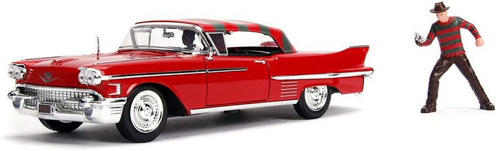 Jada 253255004 Pesadilla en Elm Street Coche Cadillac Series 62 1958 Metallfigur 1:24 Freddy Krueger Car Collecting, rot