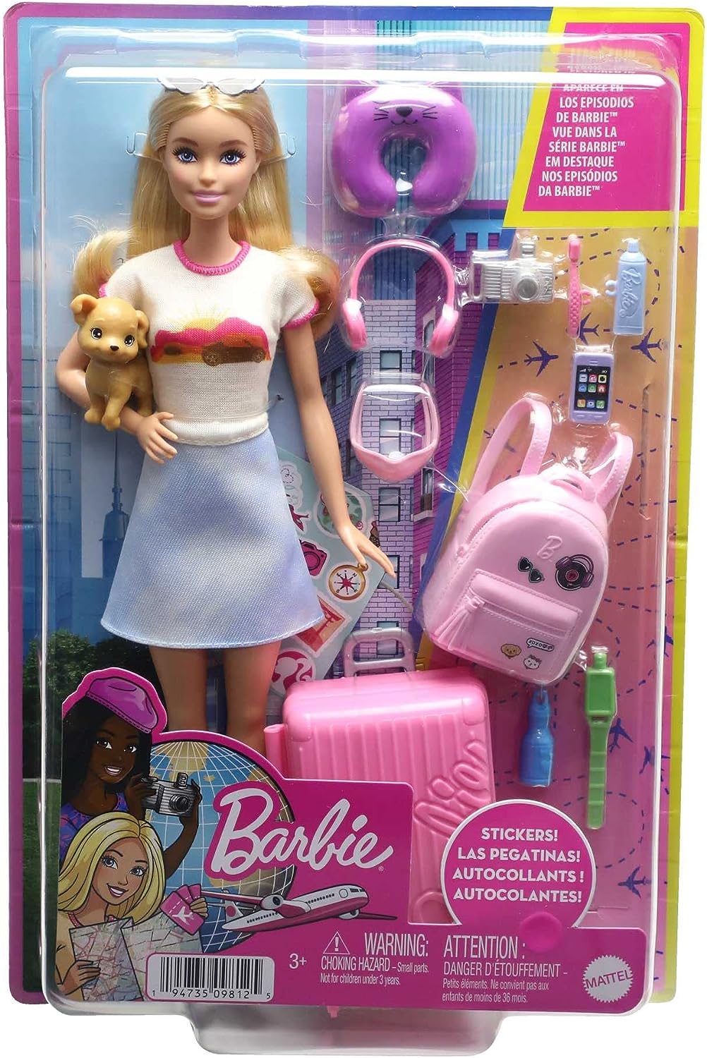 Barbie-Puppe und Zubehör, Reiseset „Malibu“ mit Welpe und mehr als 10 Teilen inkl