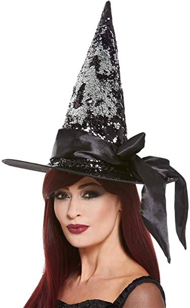 Chapeau de sorcière à paillettes réversibles de luxe Smiffys 61125, femme, noir et argent