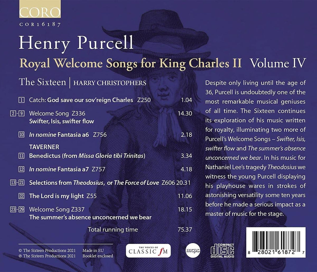 Purcell: Royal Welcome Songs for King Charles II [The Sixteen; Harry Christophers] [Coro: COR16187] [Audio CD]