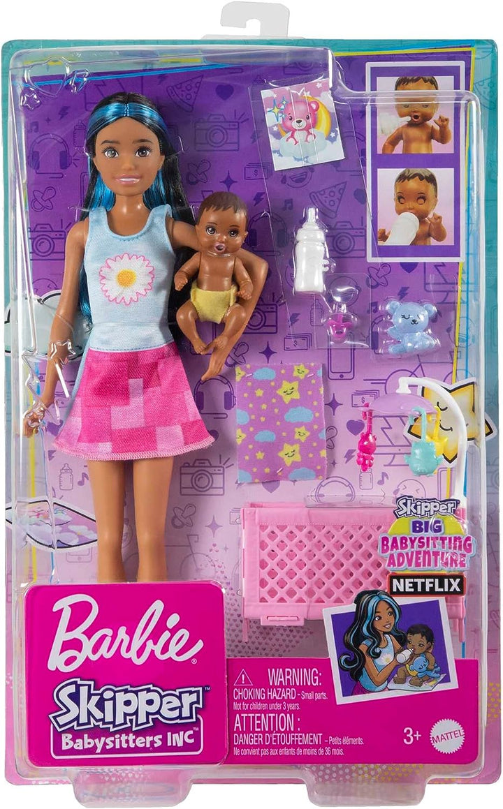 Barbie Doll and Accessories, Crib Playset with Skipper Friend Doll, Baby Doll with Sleepy Eyes