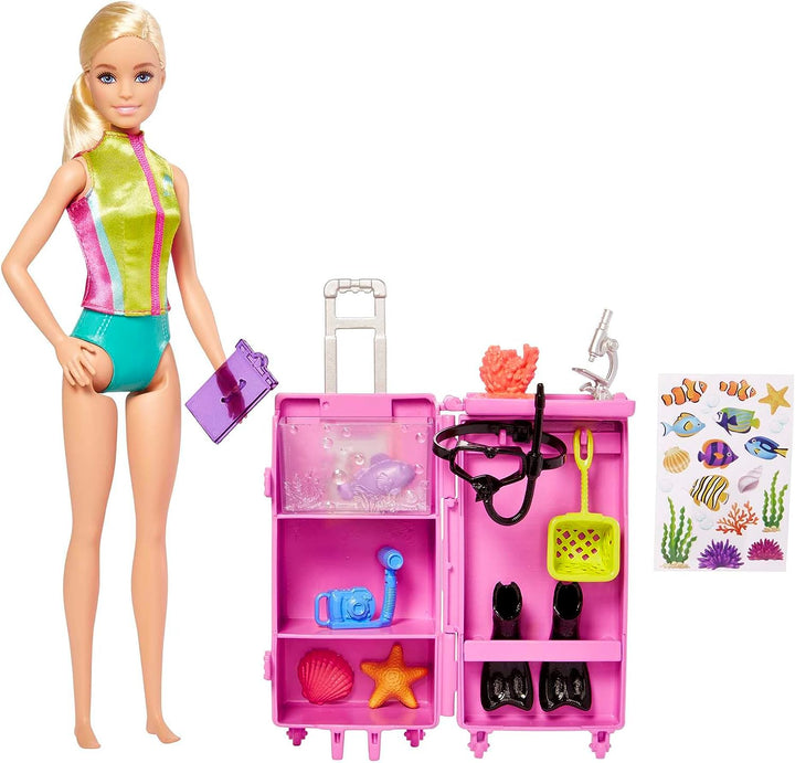 ?Barbie-Puppen und Zubehör, Meeresbiologen-Puppe (blond) und mobiles Labor-Spielset