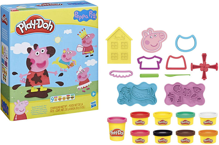 Play-Doh Peppa Pig Stylin Set con 9 latas compuestas de modelado no tóxicas y 11 accesorios