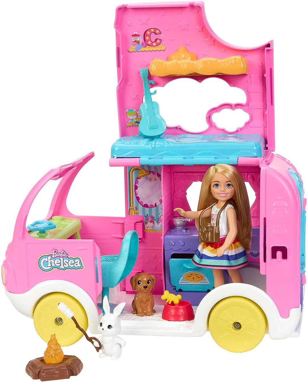 Barbie Camper, Chelsea 2-in-1 Playset with Small Doll, 2 Pets & 15 Accessories