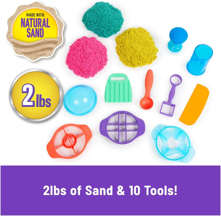Kinetic Sand Ultimate Sandisfying Set, 2lb of Sand. Pink, Yellow and Teal, 10 Moulds and Tools