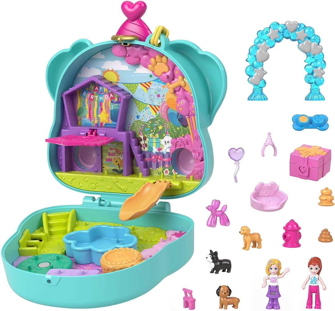 ?Polly Pocket Mini Toys, Doggy Birthday Bash Kompaktes Spielset mit 2 Mikropuppen