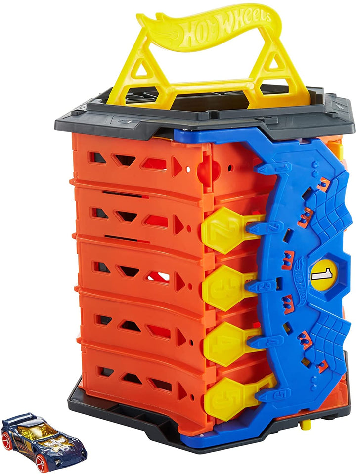 Hot Wheels Roll Out Raceway Track Set, Storage Bucket Unrolls into 5-Lane Racetrack for Multi-Car Play, Connects to Other Sets
