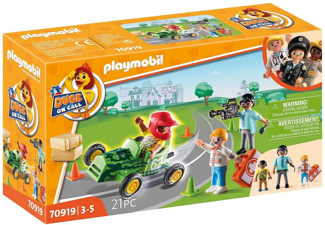 Playmobil DUCK ON CALL 70919 Rettungswagen-Aktion: Helfen Sie dem Rennfahrer, Spielzeug für Kinder ab 3 Jahren