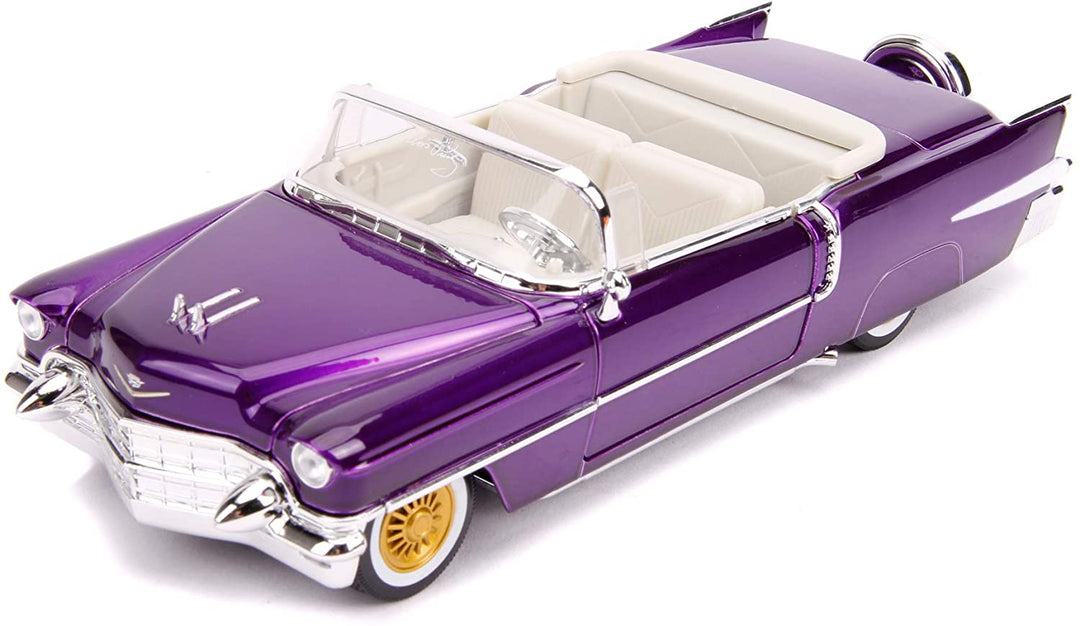 Jada Toys 253255011 1956 Presley Cadillac Eldorado Druckguss-Spielzeugauto, Türen, Kofferraum und Motorhaube offen, inklusive Elvis-Figur, Maßstab 1:24, Lila