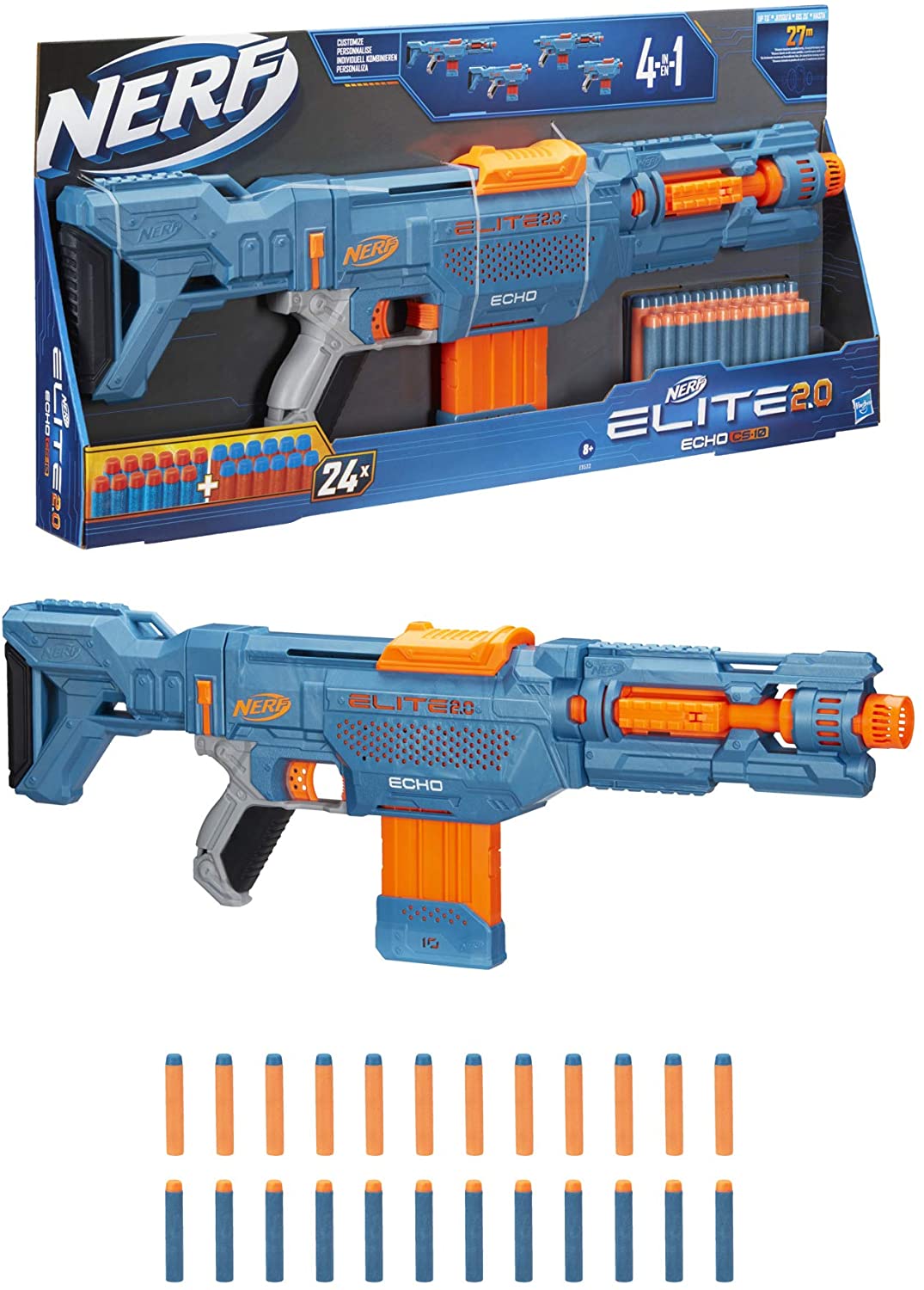 Nerf Elite 2.0 Echo CS-10 Blaster 24 Official Nerf Darts, 10-Dart Clip, Removable Stock and Barrel Extension, 4 Tactical Rails